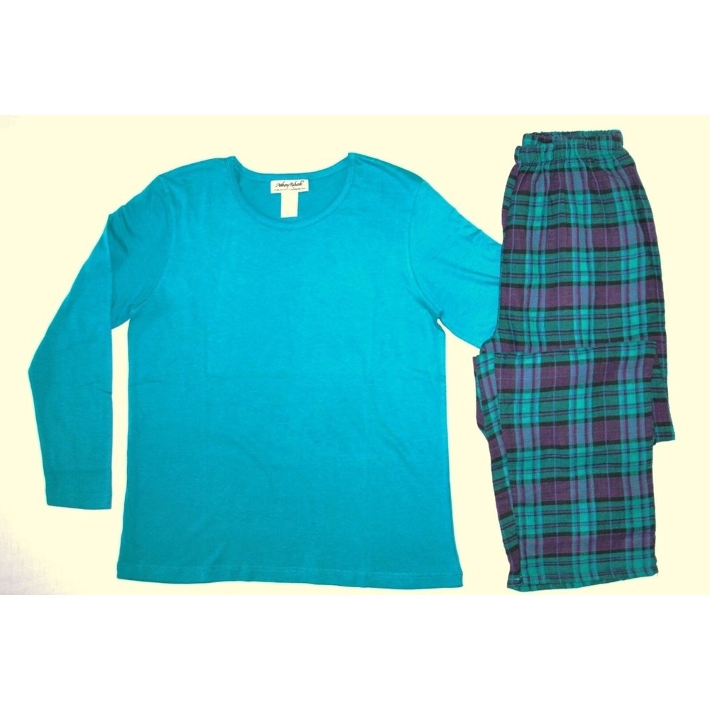 NOS ANTHONY RICHARDS Flannel Pajama Set Womens Large Jade Plaid Shirt Pants B20